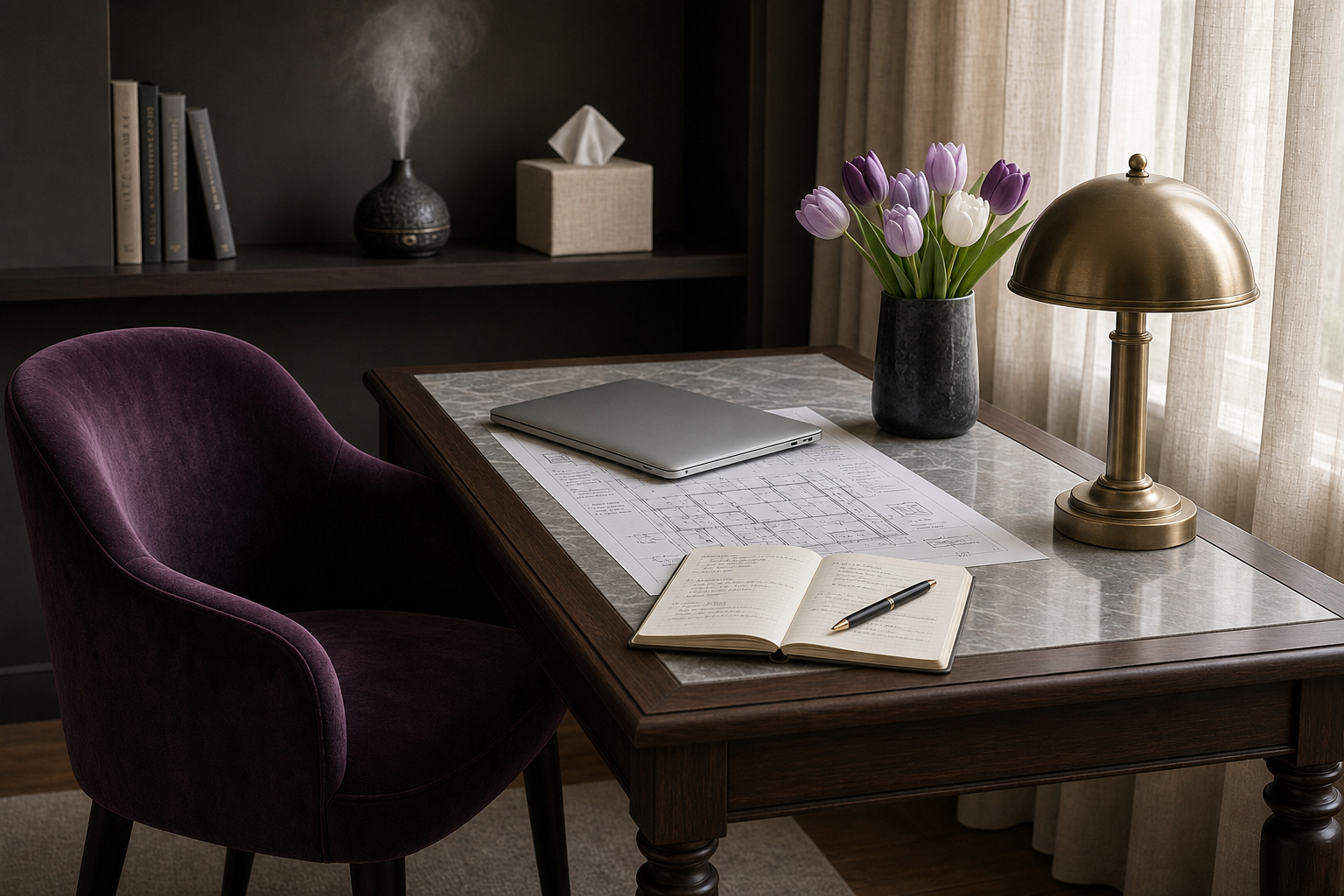 An annotated plan and fully supported journal in the purple-chair study