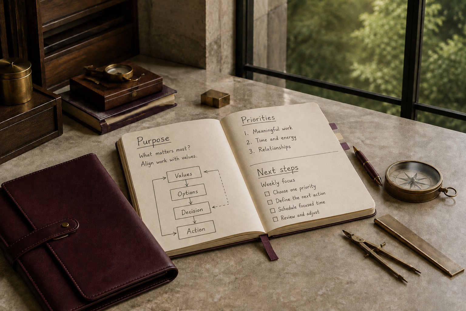 An annotated field guide with priorities, next steps and a brass compass